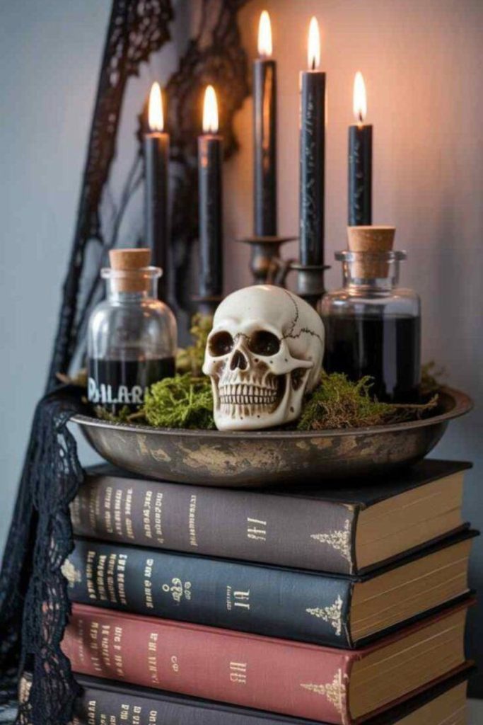 Haunted library with books and candles.