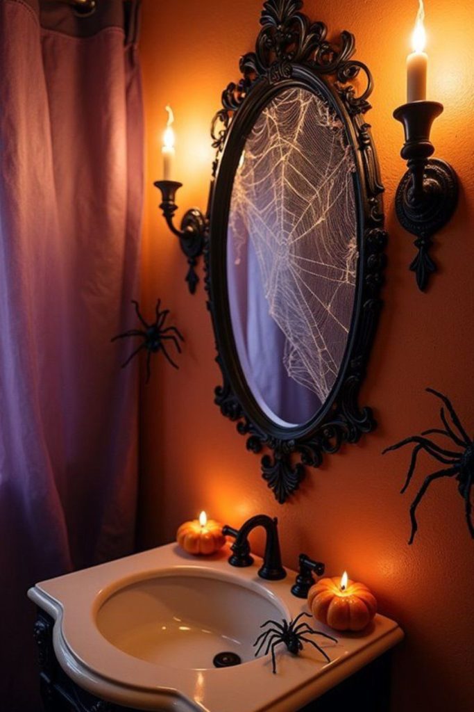 Haunted mirror bathroom with cracked reflections.