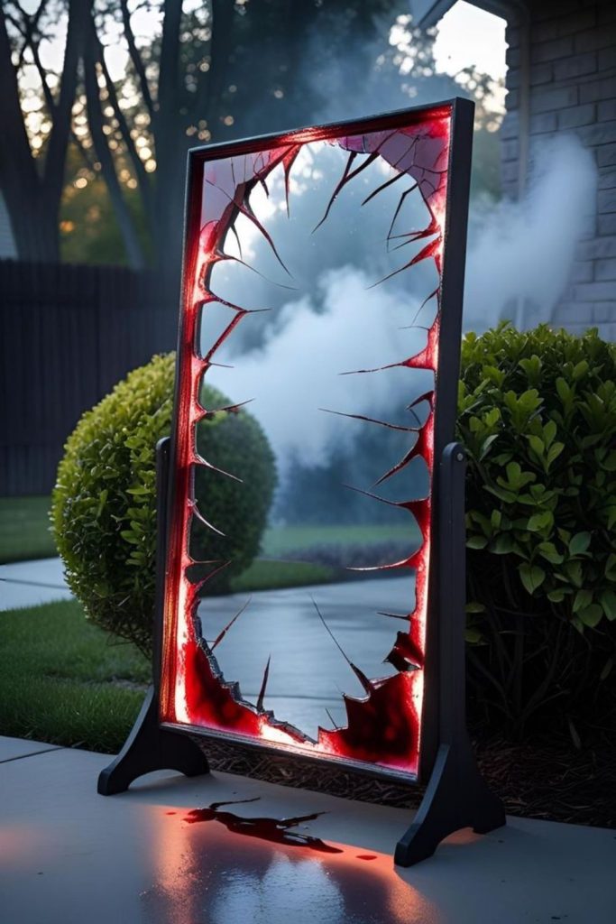 Cracked haunted mirror with spooky reflection