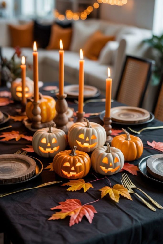 Haunted pumpkin centerpiece glowing with candles