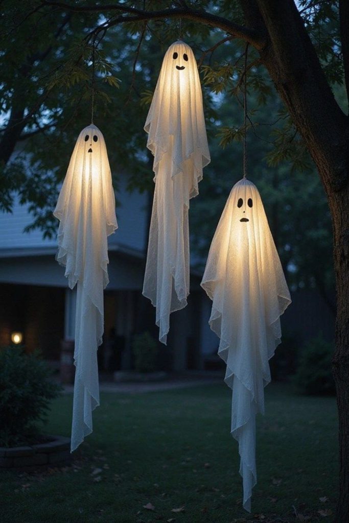 Floating ghost drapes swaying in trees