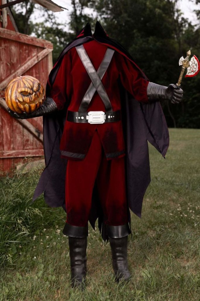 Headless Horseman standing with spooky display 