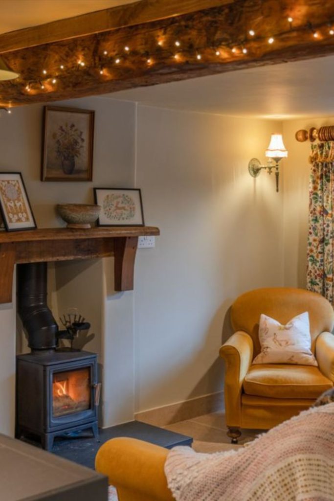 Marigold-toned cottage retreat with quilts.