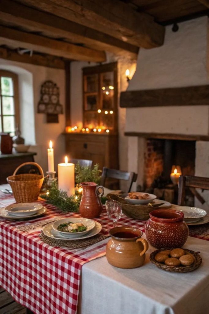 Vintage heirloom rustic winter dining decor.