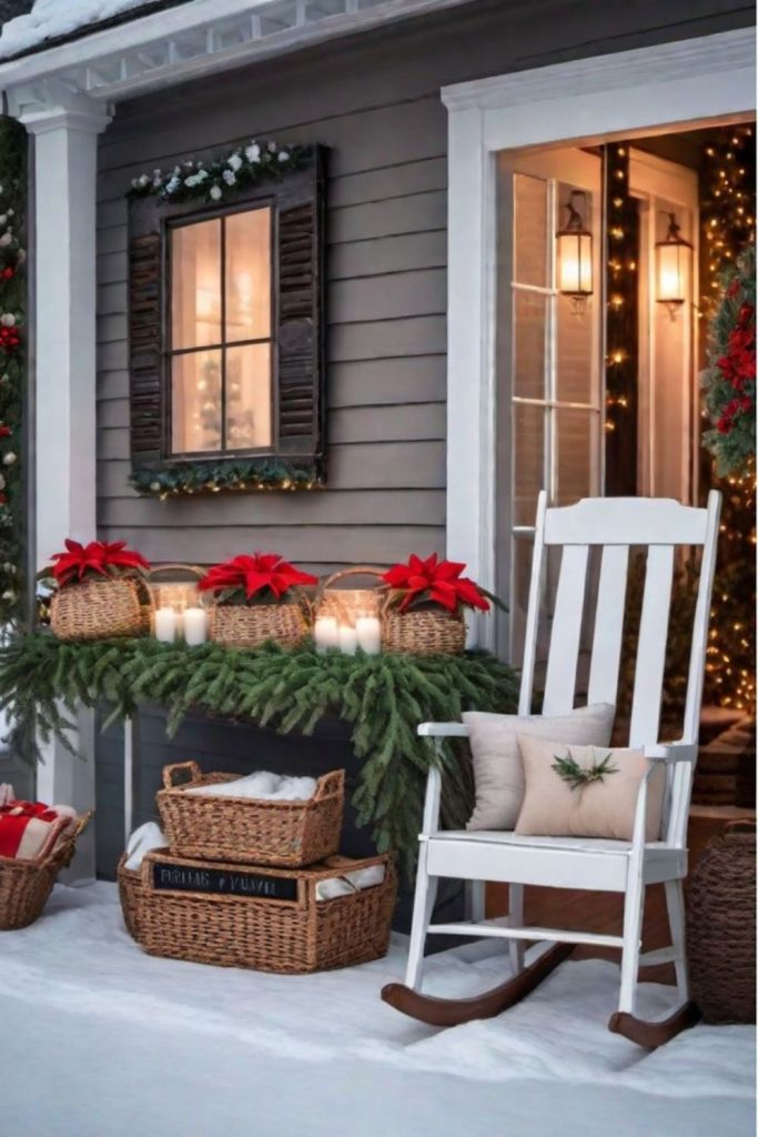 Holly garland porch with hearth warmth.