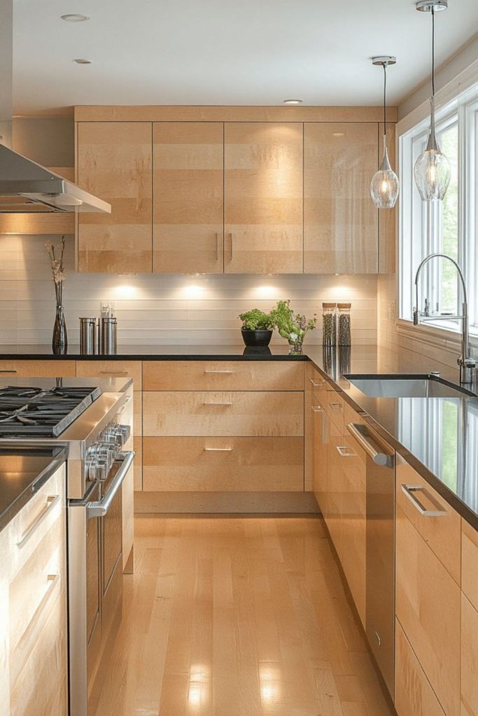 Birch kitchen glowing with amber light.