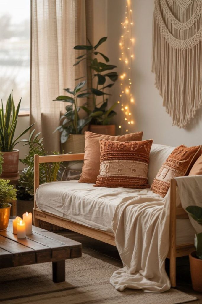 Honey-toned natural boho living room.