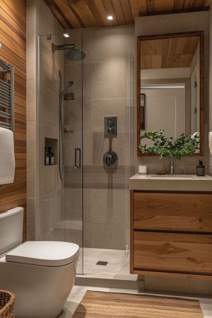 Warm wooden tiny bathroom interior glow.
