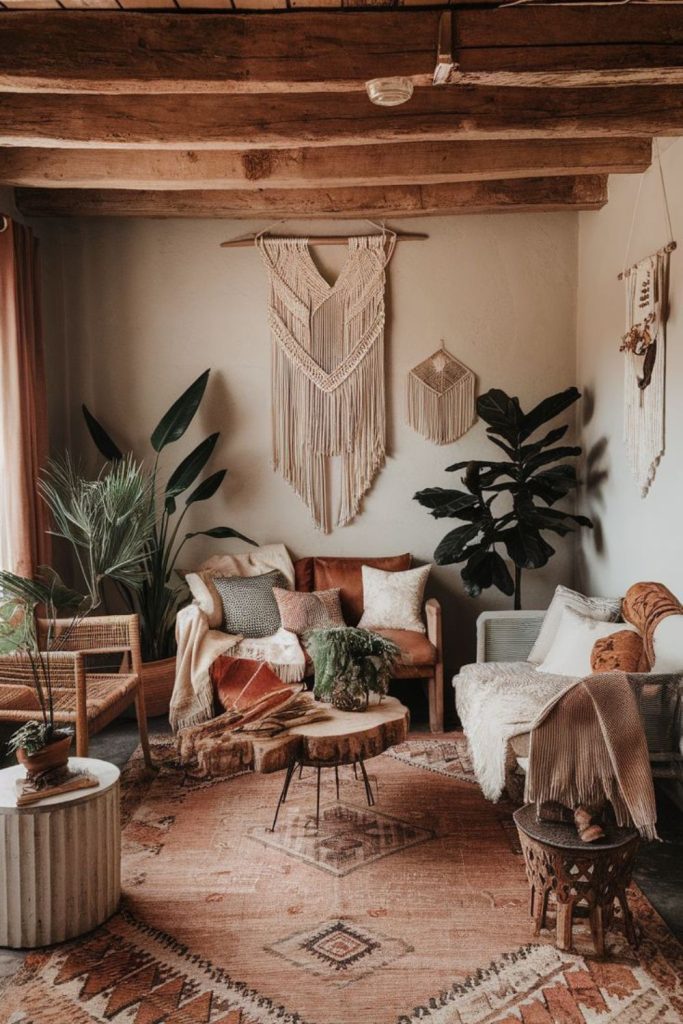 Honey-hued woven bohemian parlor.