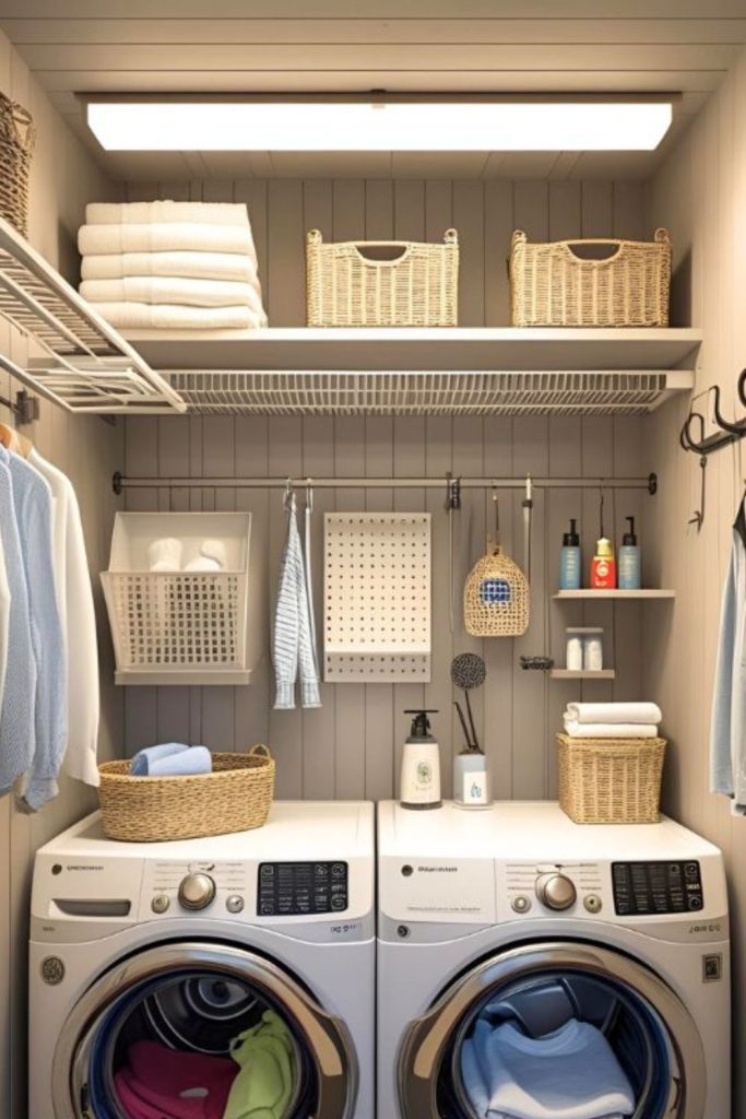 Fresh honeydew green laundry nook.