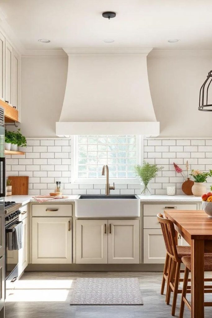 Linen and honey neutral kitchen.