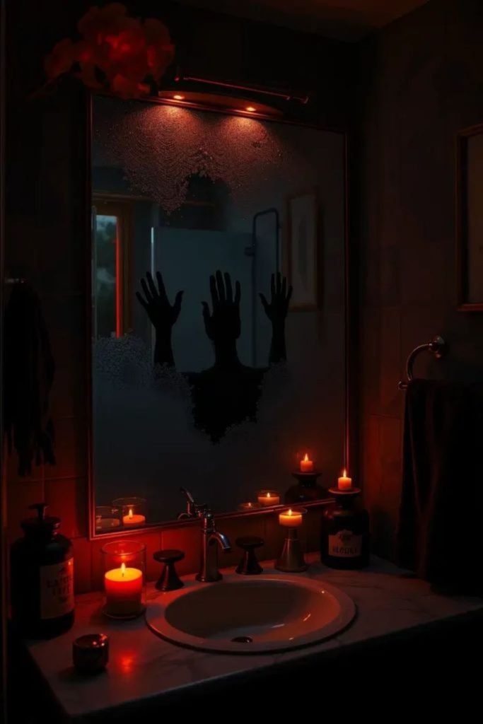 Spooky mirror with ghostly hand reflection.