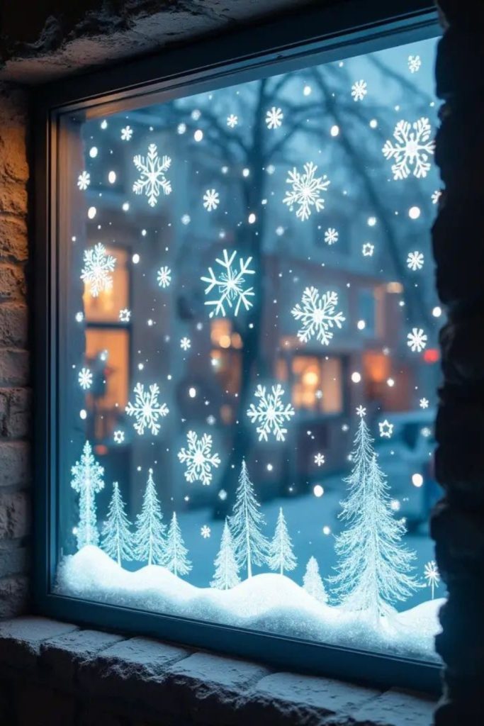 Sparkling crystal window frost design.