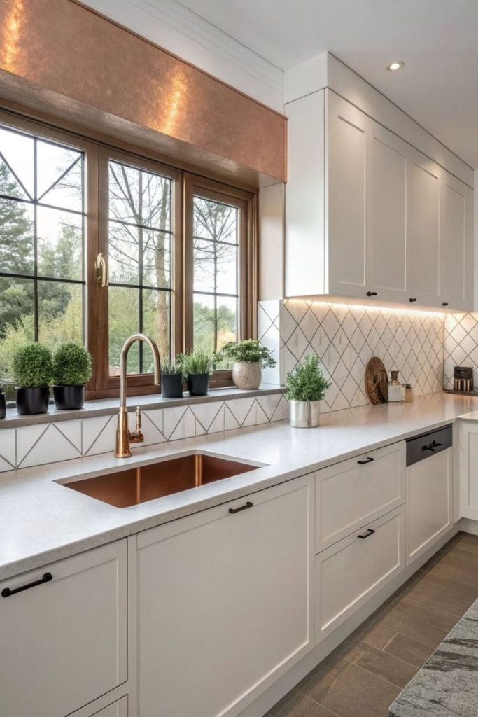 Copper and ice contrast modern kitchen.