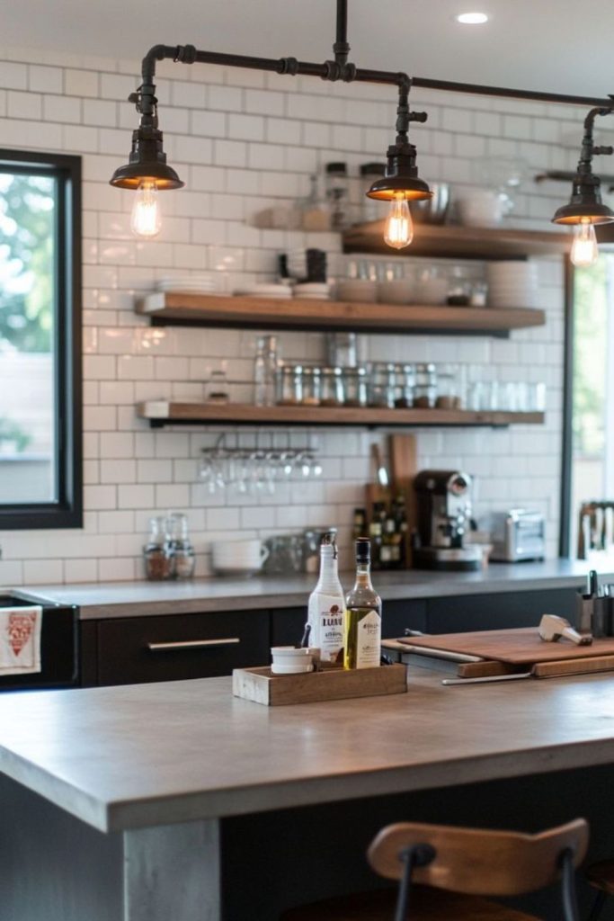 Industrial wood kitchen with metal pipes.