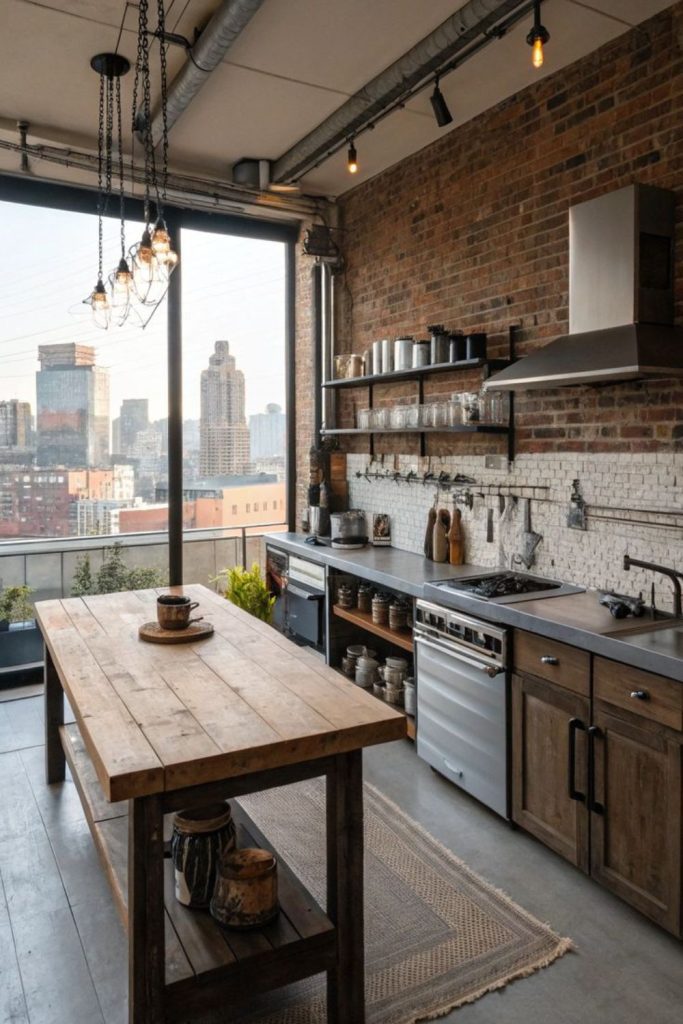Industrial modern kitchen with rustic charm.