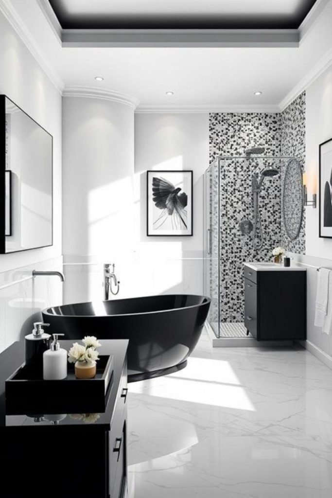 Glossy black and ivory contrast bathroom.