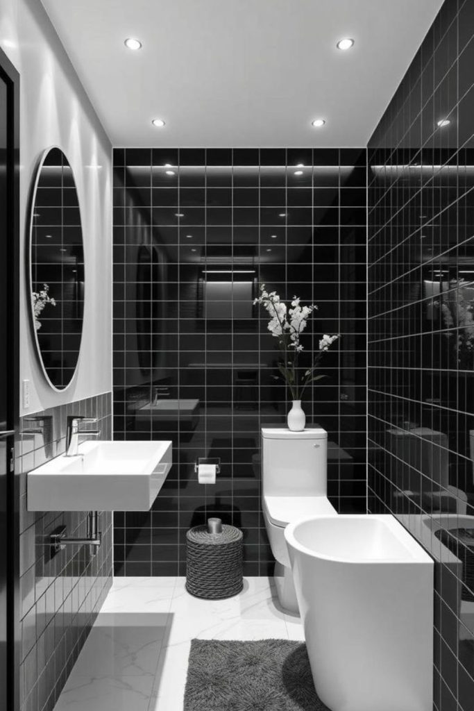Reflective glass monochrome bathroom design.