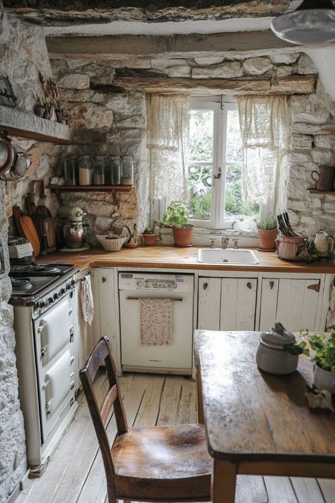 Ironstone kitchen with rustic charm.