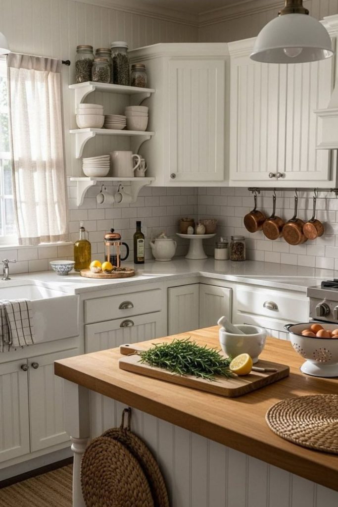 Ivory cottage kitchen with rustic charm.