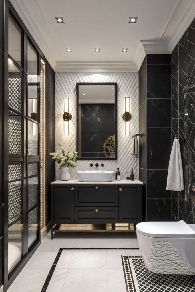 Ivory-tiled bathroom with dark grouting lines.