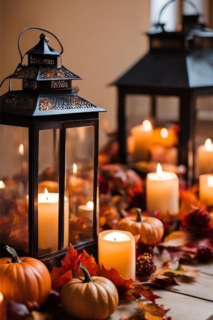 Jack-o-lantern display with autumn leaves.