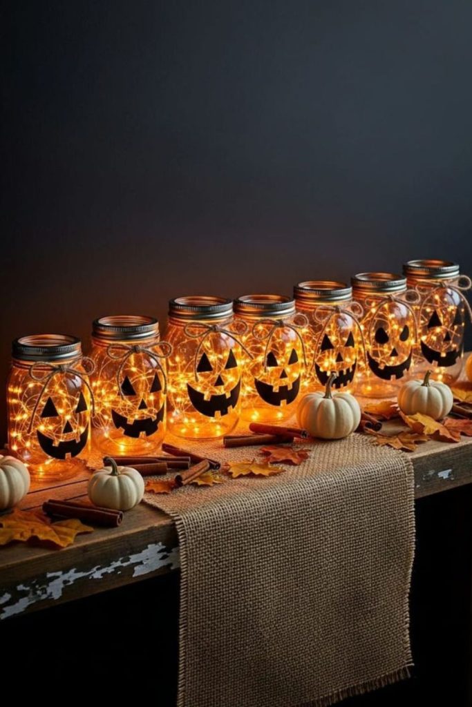 Jack-o’-lantern jars glowing in line.
