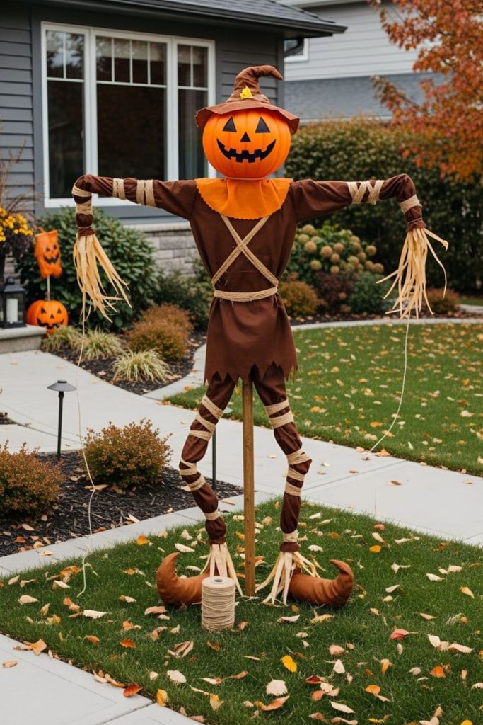 Giant scarecrow with pumpkin head display