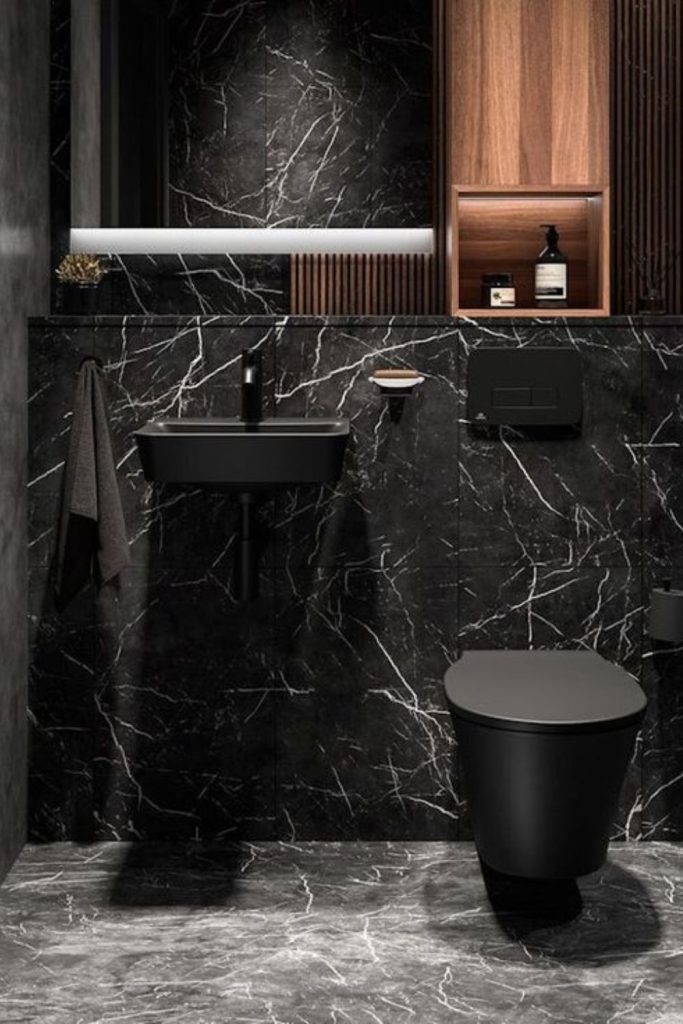 Black marble luxury compact bathroom design.