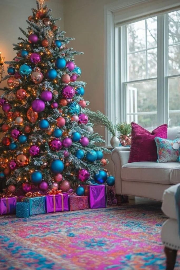 Jewel-tone vintage ornaments on velvet decor.