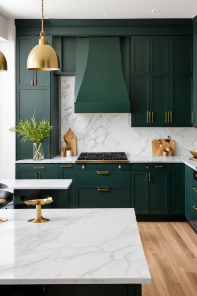 Jewel-toned kitchen with emerald cabinets.