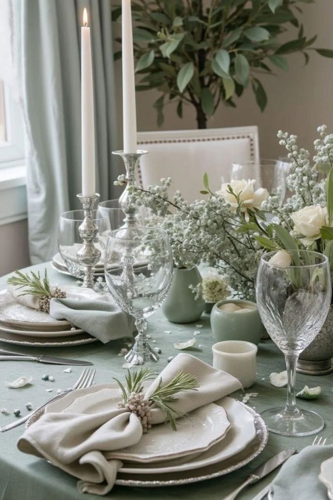 Juniper greenery frosty minimalist tablescape.