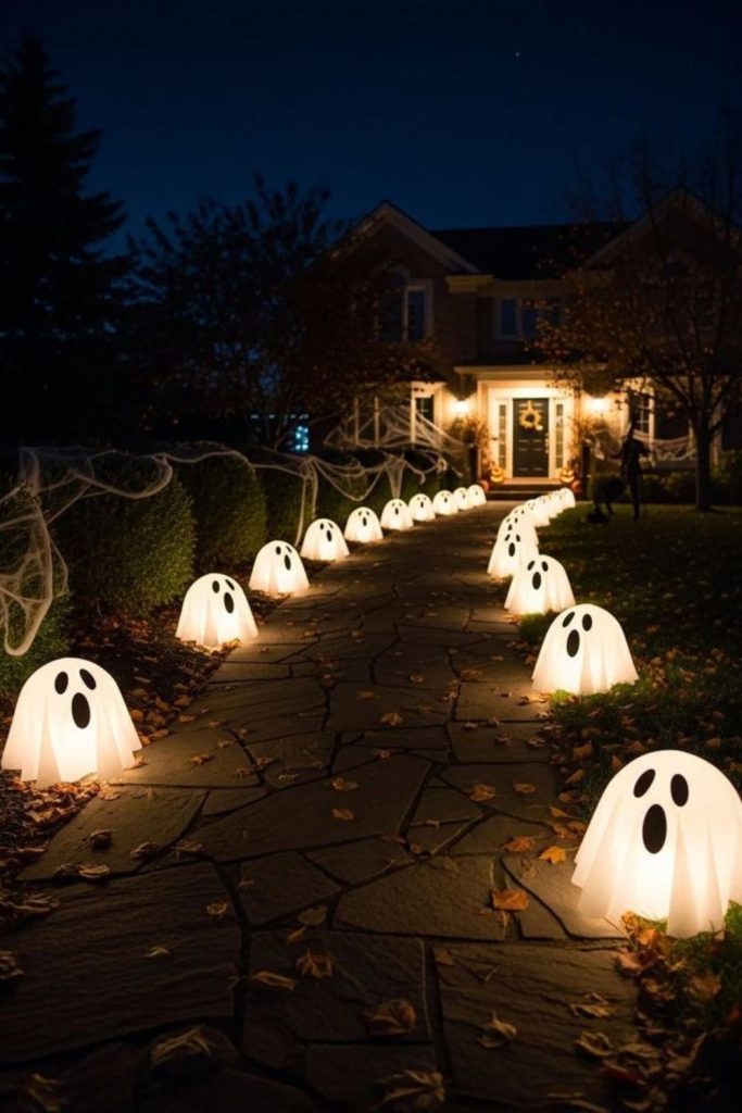 Glowing lantern path with eerie shadows