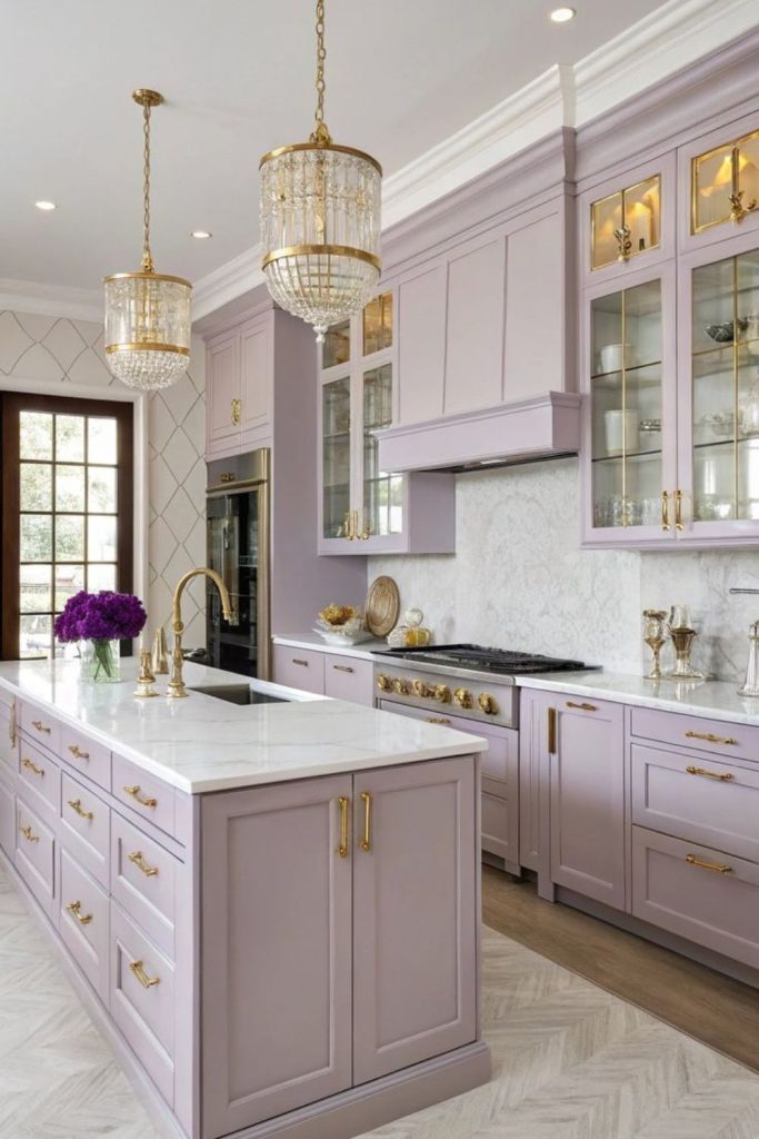 Lavender kitchen with soft morning light.