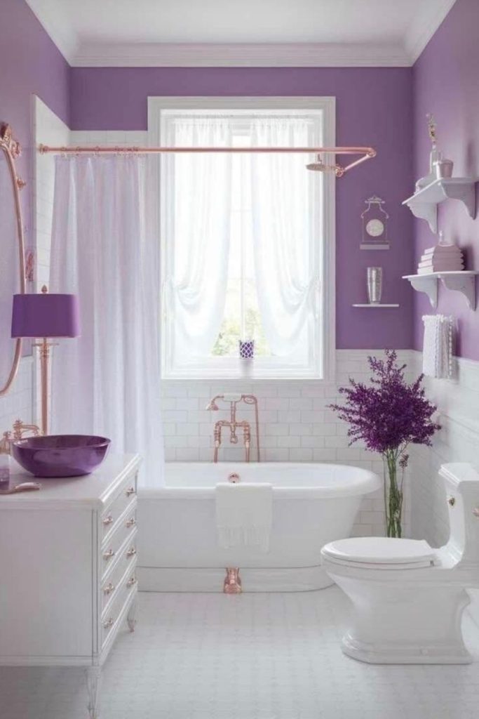 Lilac pastel romantic tiny bathroom look.