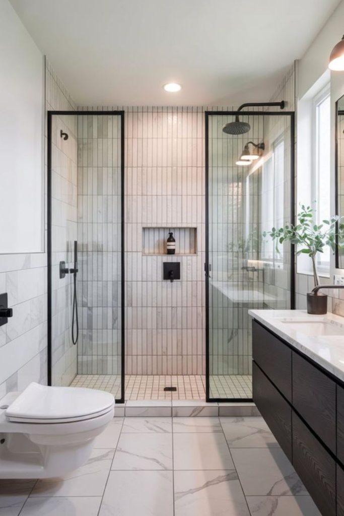 Linear vertical tile modern bathroom design.