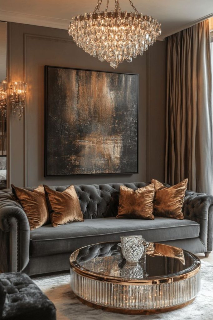 Bronze metallic moody luxurious living room.