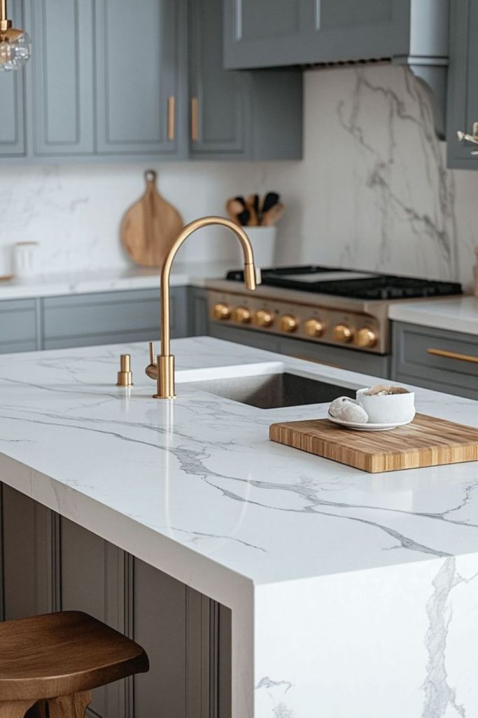 White marble lunar-inspired elegant kitchen.