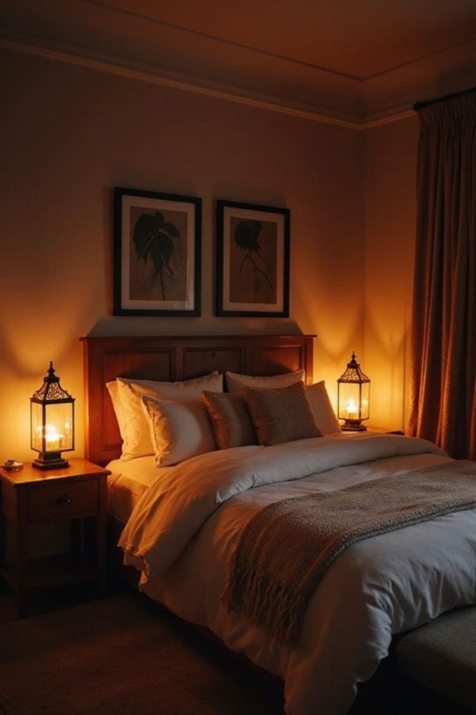 Glowing maple wood-inspired bedroom.