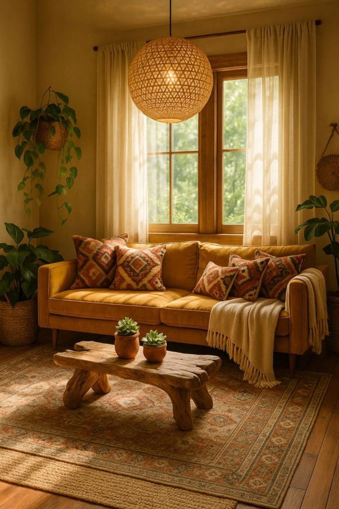 Marigold-hued bohemian sunshine living space.