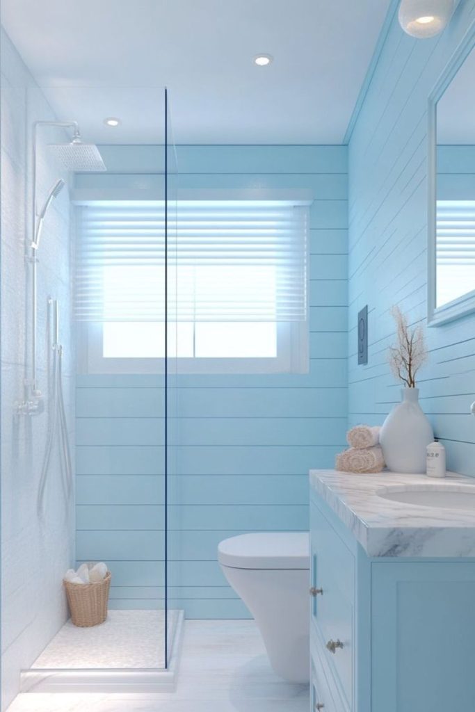 Blue coastal minimal small bathroom retreat.