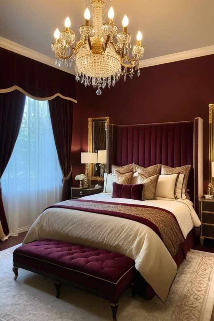 Deep maroon soft elegant bedroom.