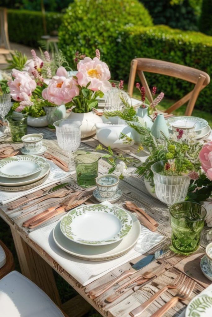 Meadow dawn soft floral breakfast setting.