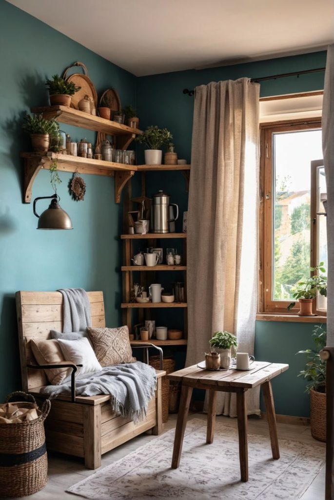 Cozy beige cottage with antique wood.