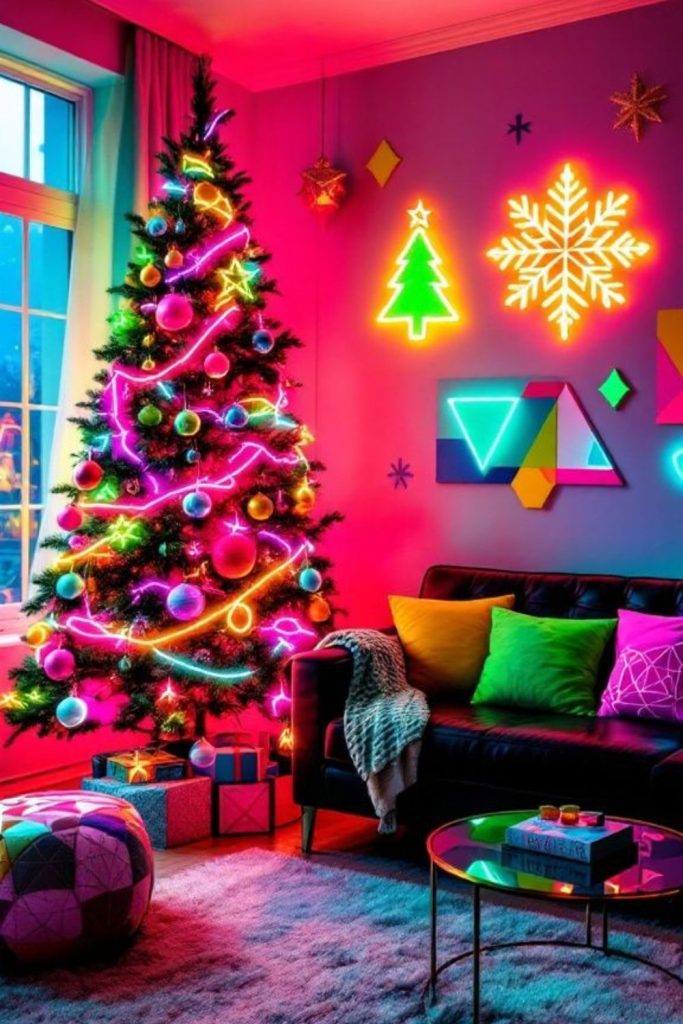 Mid-century gold and pastel holiday setup.