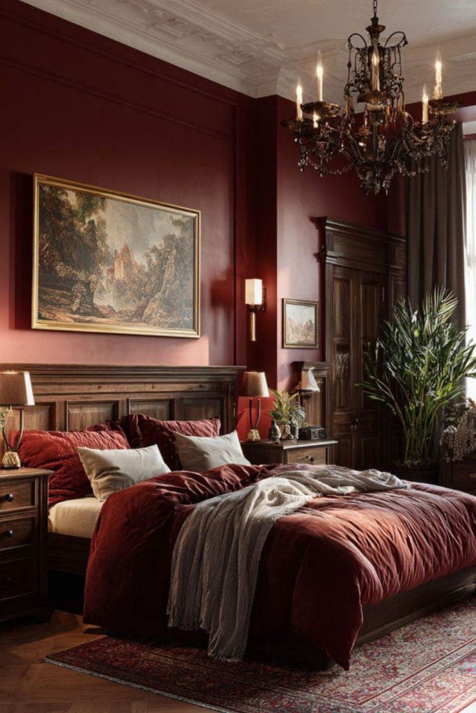 Warm ember-lit moody bedroom setup.