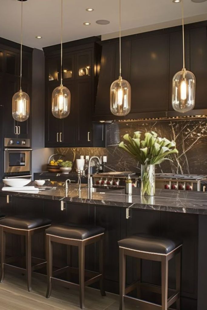 Midnight marble kitchen with golden lighting.