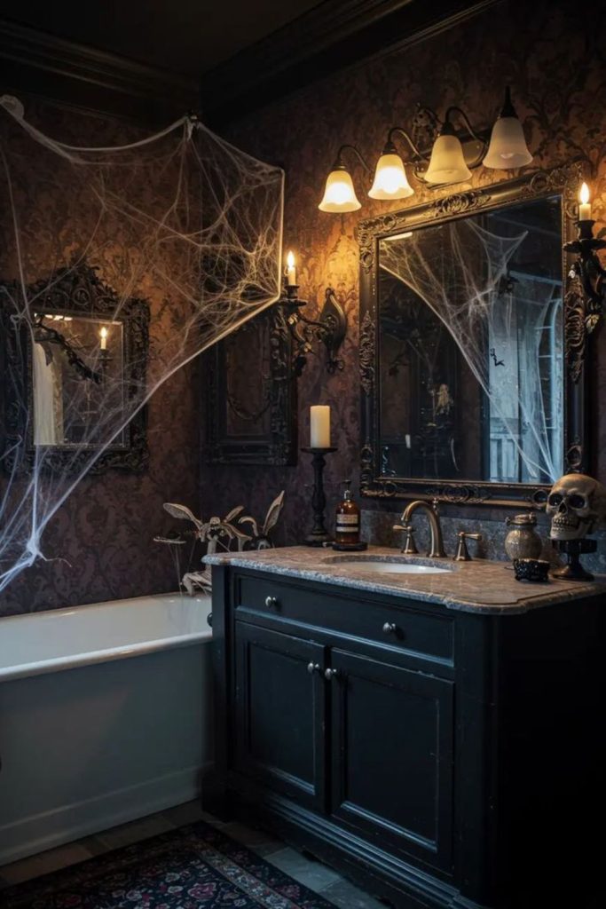 Midnight mausoleum Halloween bathroom with mist.