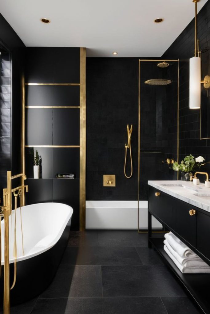 Dark porcelain bathroom with golden lighting.