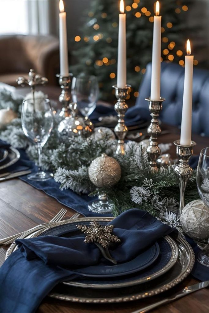 Dark navy and silver snowy tablescape.
